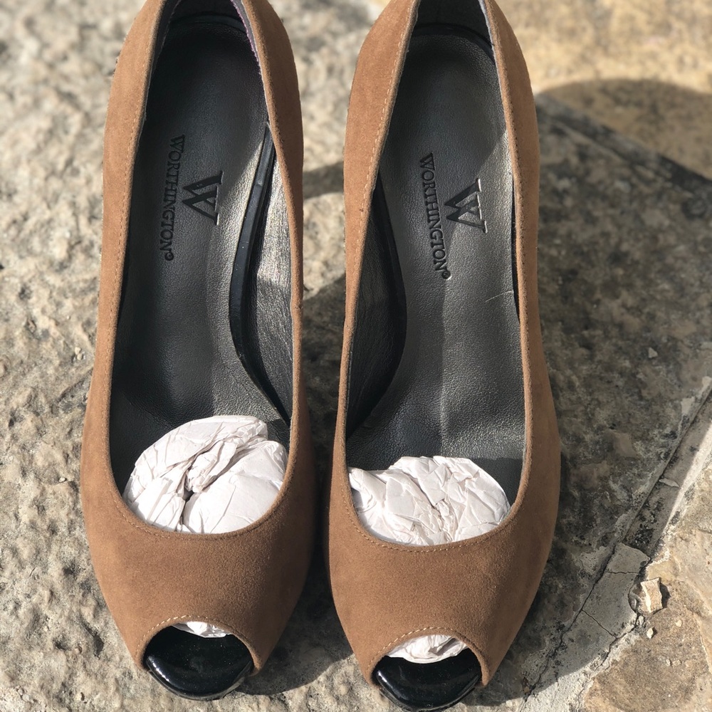 Brown Suede Open Toe Heels.